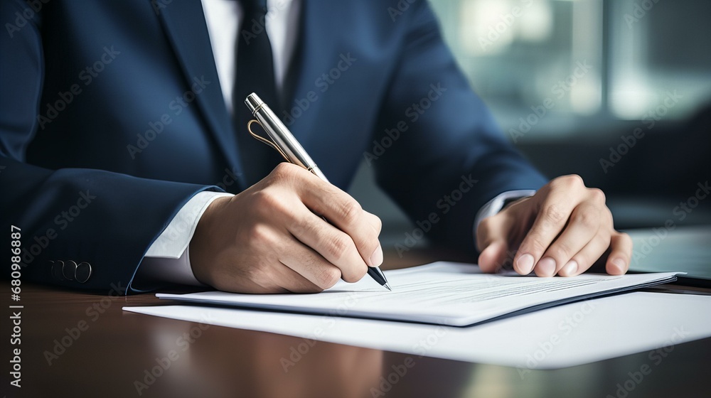 A professional businessman in a suit signing a contract, symbolizing success and legal agreements in a corporate office setting. A professional businessman in a suit signing a contract, symbolizing success and legal agreements in a corporate office setting.