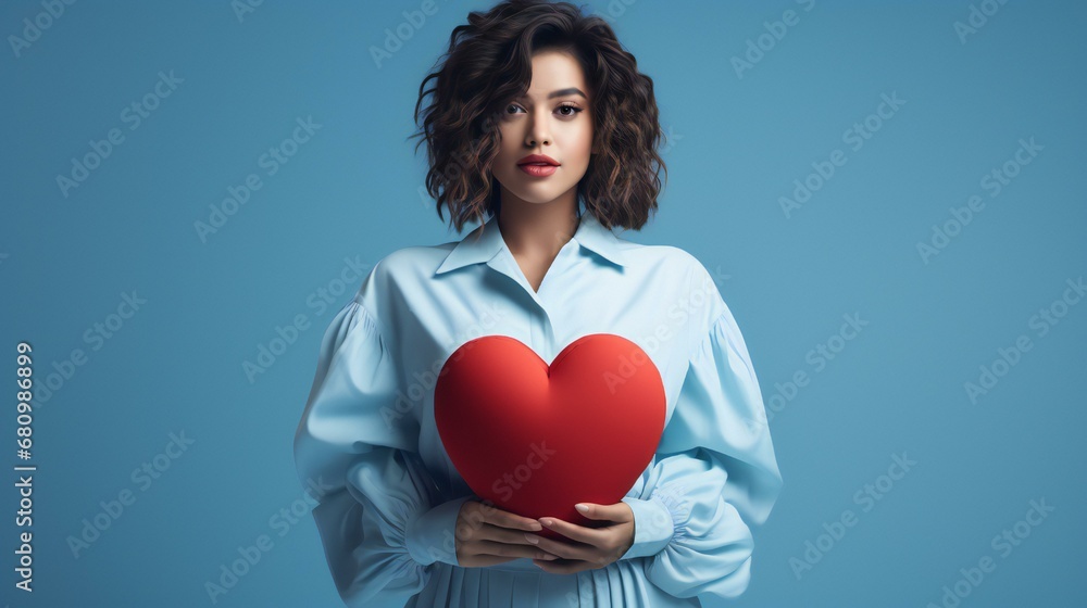 A young woman holding a heart, radiating beauty and love in a red heard , creating a charming Valentine's Day portrait. A young woman holding a heart, radiating beauty and love in a red heard , creating a charming Valentine's Day portrait.
