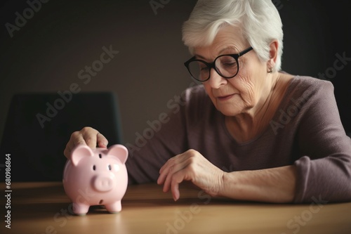 Elderly sad woman putting coins into piggybank. Female cash banking finance invest. Generate Ai