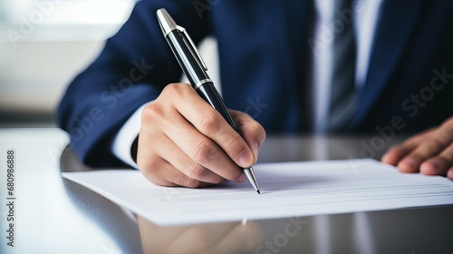 A professional businessman in a suit signing a contract, symbolizing success and legal agreements in a corporate office setting.