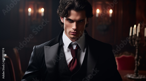 attractive male vampire in a classic suit. protagonist character of a romantic fantasy novel