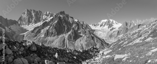 The panorama of Grand Jorasses Mont Blanc massif and Les Aiguilles towers.