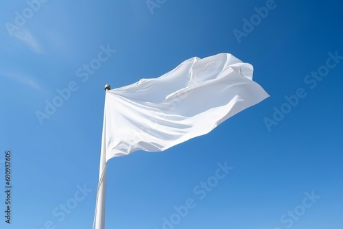 Empty white flag on blue sky. Promotion blank flag marketing wave. Generate Ai