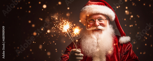 Santa Claus holds sparklers in his hand. festive Christmas banner. copy space. ai generative