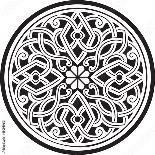 Vector white and black round ancient Byzantine ornament. Classical circle of the Eastern Roman Empire, Greece. Pattern motifs of Constantinople