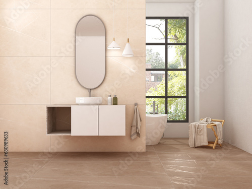 Modern minimalist bathroom interior  modern bathroom cabinet  white sink  wooden vanity  interior plants  bathroom accessories  bathtub and shower  beige walls  granite floor  vases. 3D Rendering