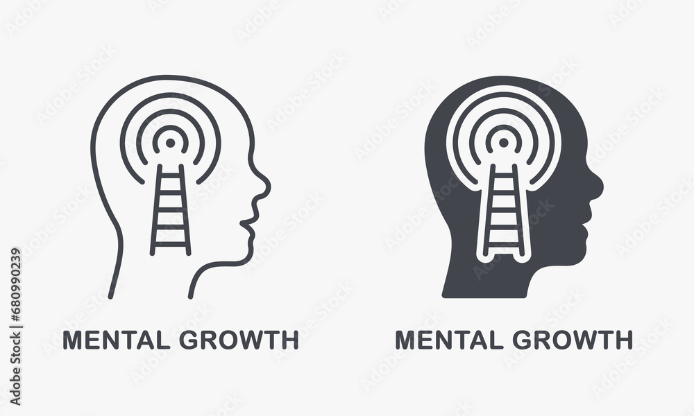 Mental Growth Silhouette and Line Icon Set. Psychology Therapy Symbol Collection. Potential Career Success, Motivation Pictogram. Human Head with Ladder Sign. Isolated Vector Illustration Mental Growth Silhouette and Line Icon Set. Psychology Therapy Symbol Collection. Potential Career Success, Motivation Pictogram. Human Head with Ladder Sign. Isolated Vector Illustration