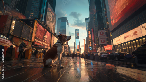 A small dog sits on a shiny city sidewalk, looking up at the tall buildings and bright screens at dusk photo
