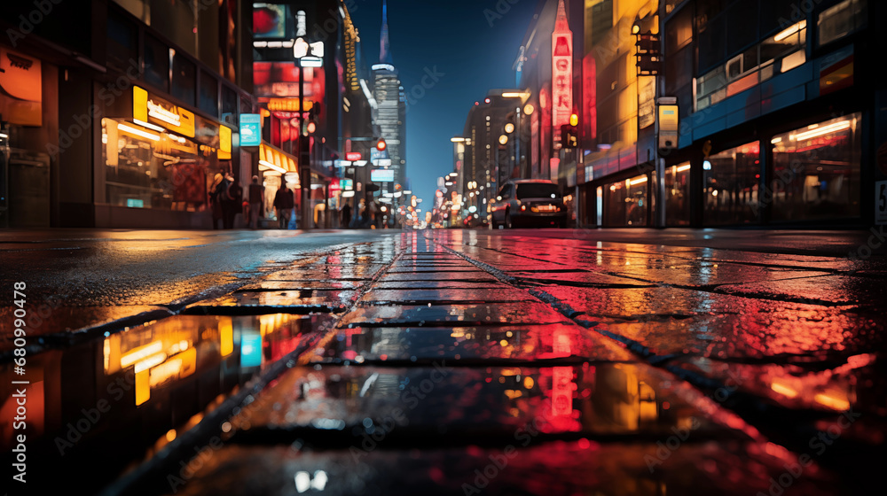 A nighttime city street is captured with lights reflecting on its wet surface, showing the glow of shop fronts and distant traffic under a dark sky