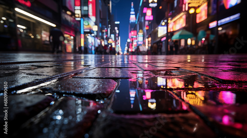 Wet pavement reflects neon lights and billboards in a bustling city street at night with people walking in the distance