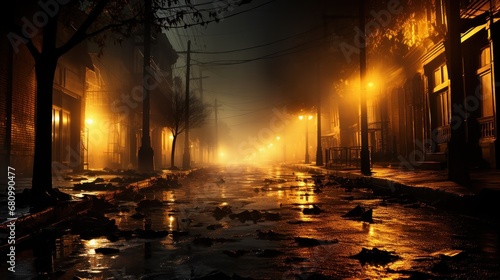 Desolate  dark street shrouded in smoke.
