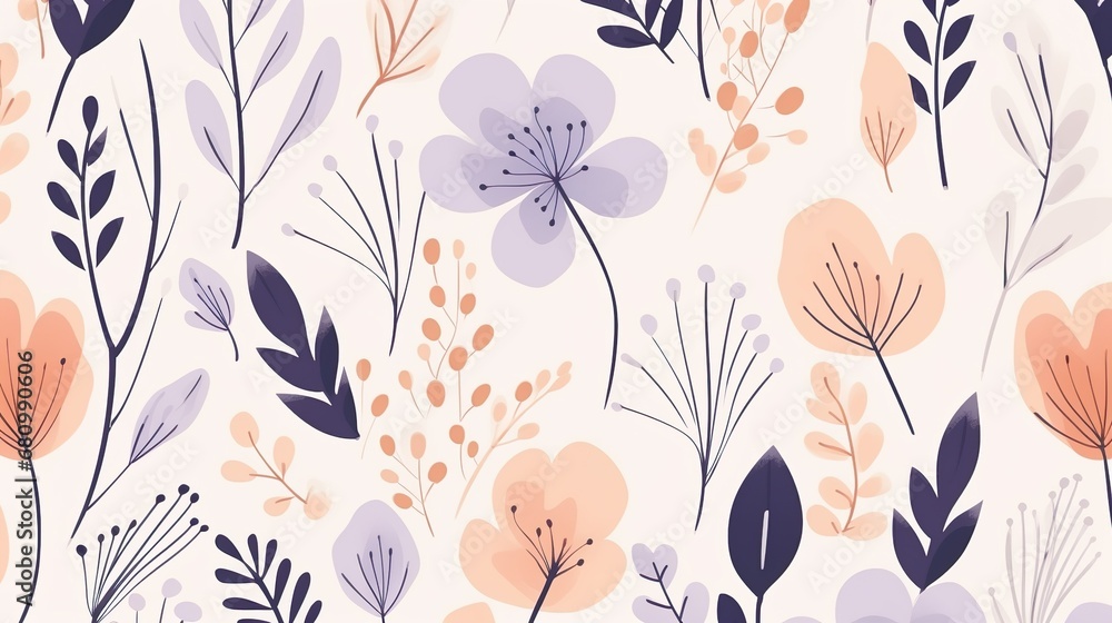 Seamless pattern of flowers with green leaves on a blue and pink background. Distressed abstract botanical flower garden design Seamless pattern of flowers with green leaves on a blue and pink background. Distressed abstract botanical flower garden design