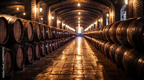 Rows of barrels in a cellar for aging wine or whiskey.
