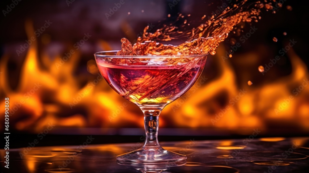 Cocktail in a martini glass with splashes on fire background