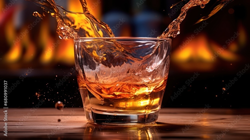 Whiskey splashing into glass with ice cubes on wooden table