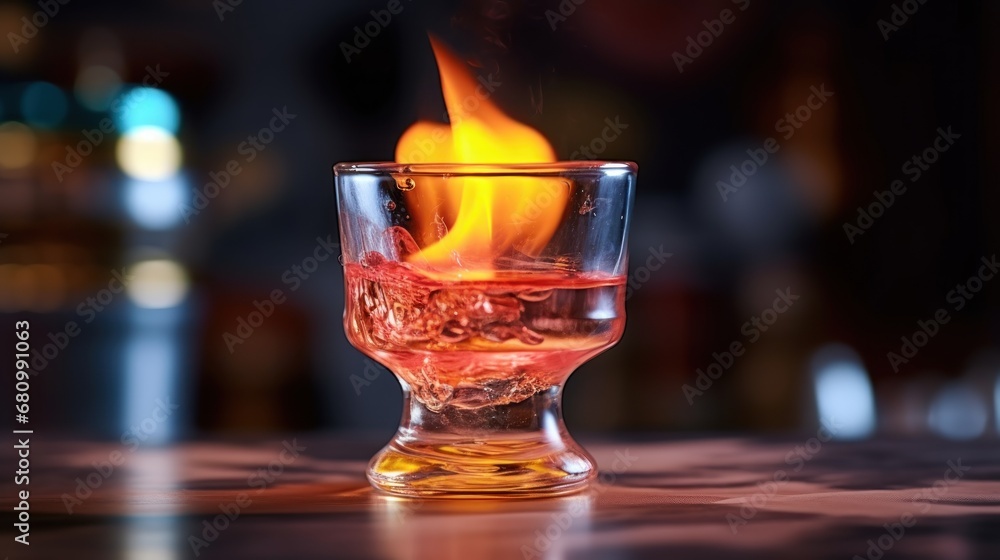 Cocktail in a glass with fire on the background of the bar