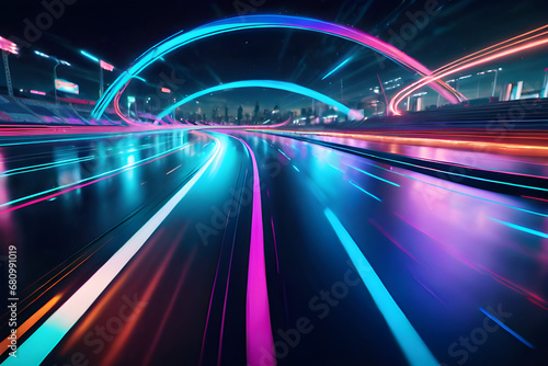 Blurred neon lights background. Futuristic race track lights in motion blur style. Futuristic night backdrop.