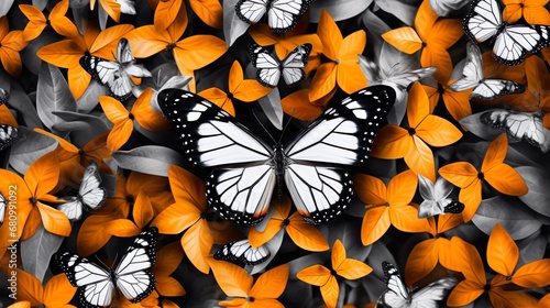 Monarch butterfly  flying in different directions. Butterflies side and top view.