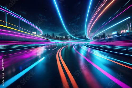 Blurred neon lights background. Futuristic race track lights in motion blur style. Futuristic night backdrop.