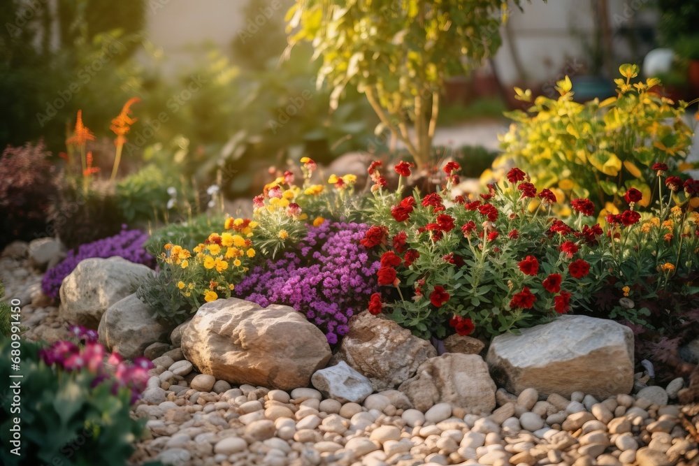 Fototapeta premium Flower garden stones design path. Outdoor stone nature leaf plant. Generate Ai