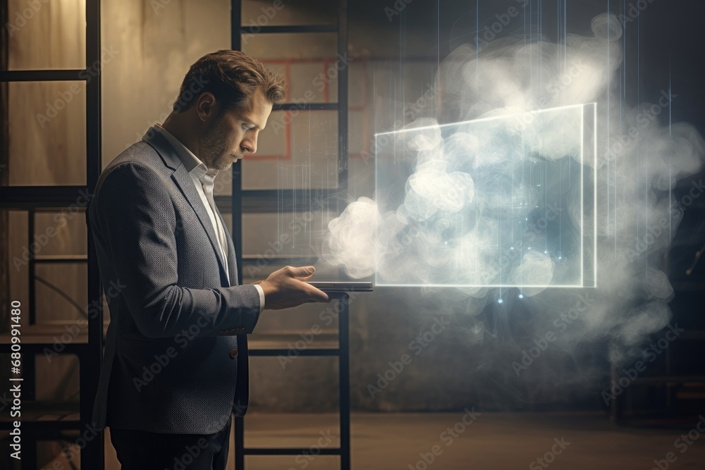 The Presenter in the Spotlight: A Man Captivating the Audience with a Projection Screen The Presenter in the Spotlight: A Man Captivating the Audience with a Projection Screen