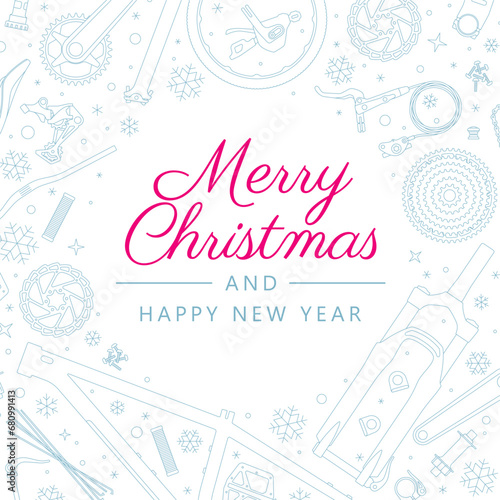 Vector Christmas page with bicycle parts icons and snowflakes. Text Merry Christmas And Happy New Year. Isolated on blue background. 
