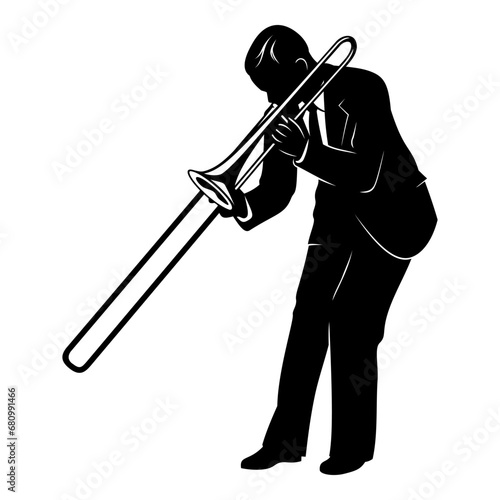 Silhouette of street musician playing on a trombone. Vector clipart isolated on white.