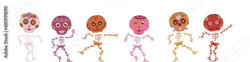 Sugar dancing skulls decorated by design elements and colorful floral ornament. Mexican national holiday Day of the dead. Festive banner templates for Dia de los muertos. Vector illustration