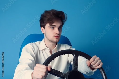 Guy driving drunk and break the rules. Male with steering wheel dangerous driving simulation. Generate ai