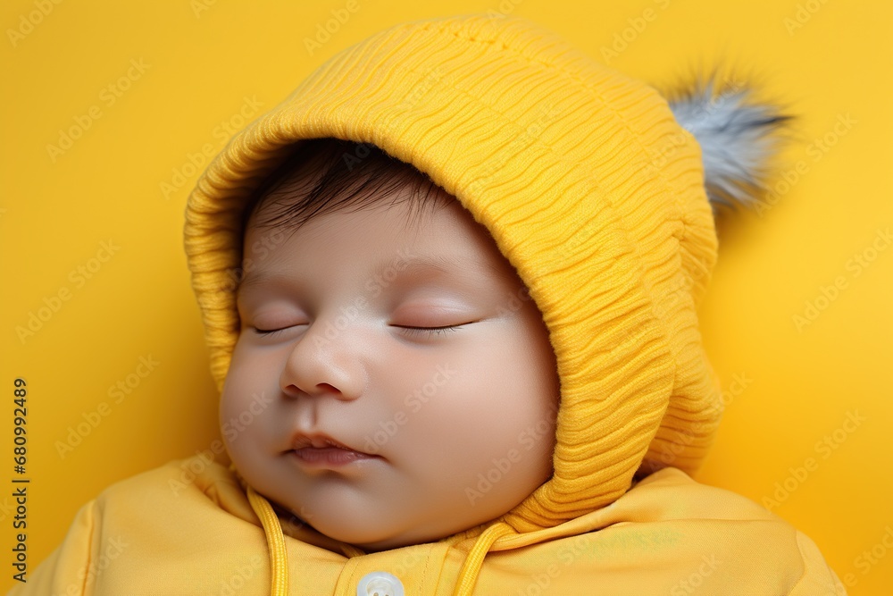Close up portrait of funny baby in yellow sleeping Close up portrait of funny baby in yellow sleeping