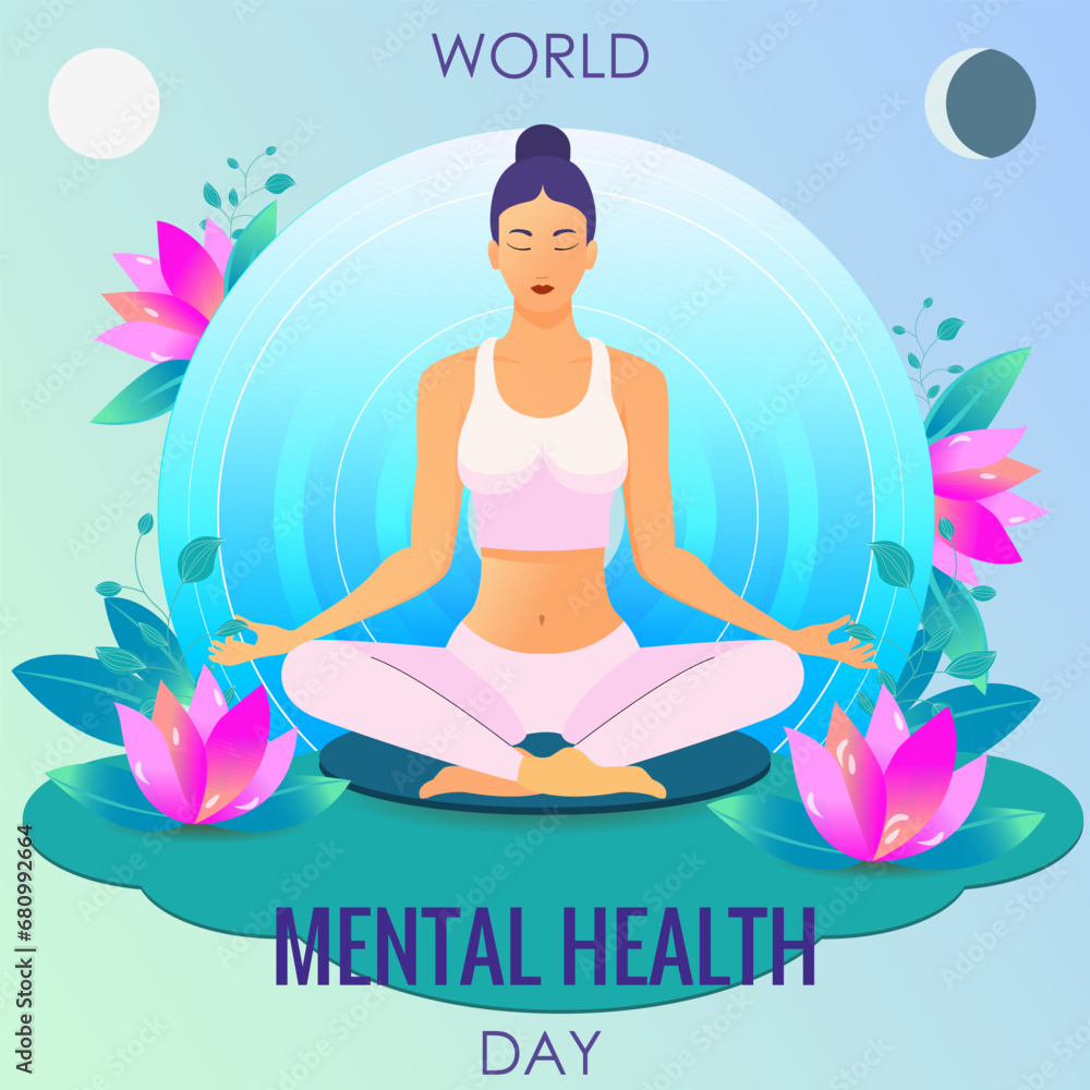World mental health day illustration. Woman meditating with eyes closed. Against the background of lotuses and a light aura. Vector illustration .