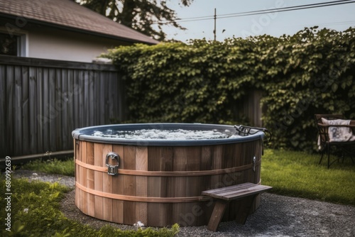 Hot tub in backyard. Outdoor jacuzzi pool on home garden territory. Generate ai