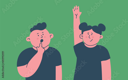 Schoolchildren boy and girl. The boy is surprised or confused. The girl raises her hand up. Vector isolated illustration.