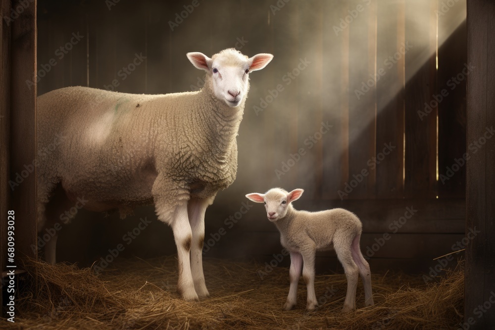 A family of sheep living together in a comfortable, straw-covered pen A family of sheep living together in a comfortable, straw-covered pen