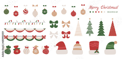 Christmas design element set, sticker pack with holiday symbols, fir trees, balls, gift pouch, hats and garlands. Vector illustration.