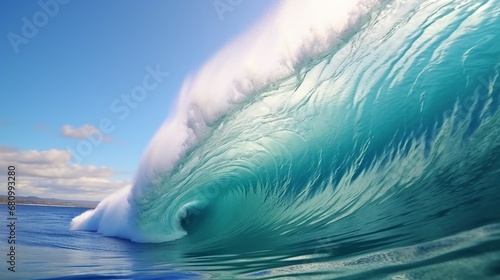 Gorgeous Ocean View Background Large Wave for Surfing at the Shore. Hawaiian swell for athletic pursuits. Nature's Power and Energy © juni studio
