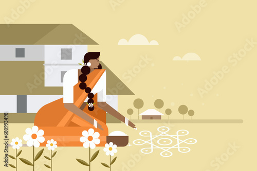 Illustration of a traditional Indian woman drawing pattern designs called 'Kolam' on floor
