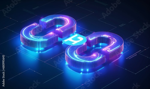 Devops in digital futuristic style. The infinity sign as a symbol of the software development life cycle. Isometric illustration with light effect, Generative AI photo