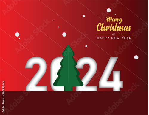 Merry Christmas greetings vector design with Christmas tree and Happy New Year 2024, Xmas, Christmas tree vector.