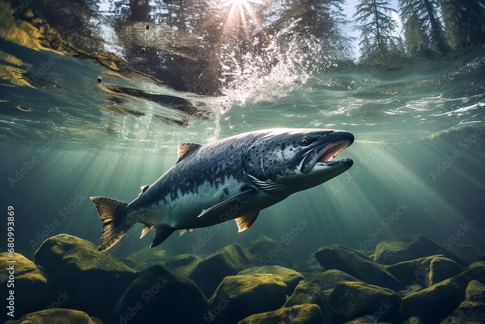 Fototapeta premium Big salmon swimming in the river with sunlight shining through the water.