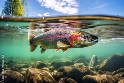 Rainbow trout swimming in the clear water of a lake with stones