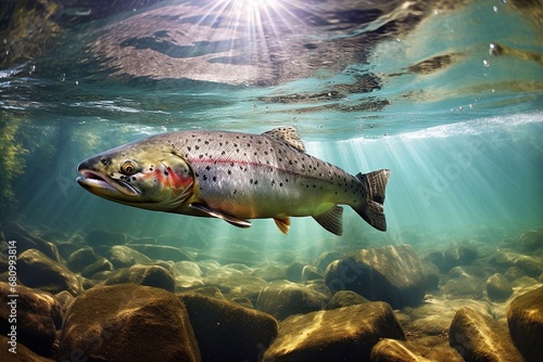 Rainbow trout swims in clear water near rocks with sun rays and reflections