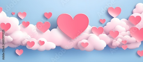 Happy st. Valentines day banner with red abstract illustrated hearts, pink paper hearts flying shining against dark red background with empty space for text, clouds, dreamy, couple love concept photo
