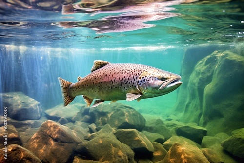 A rainbow trout swimming in a clear water of a tropical river.