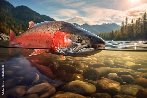 Beautiful trout in the middle of a shallow river against the background of mountains
