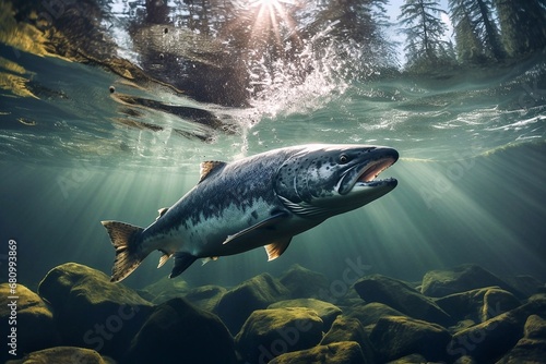 Big salmon swimming in the river with sunlight shining through the water.