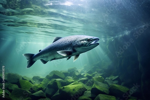 Big salmon swimming in the water. Underwater scene with big salmon.