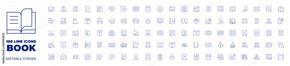 100 icons Book collection. Thin line icon. Editable stroke. Book icons for web and mobile app.
