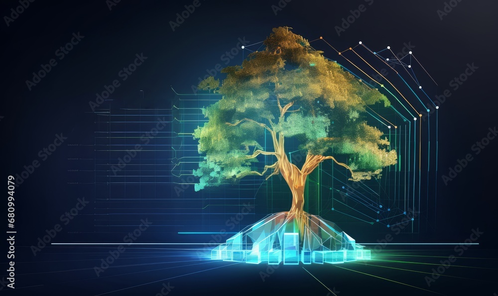 Digital tree on the background of a graph with numbers in a futuristic polygonal style. Concept of creating capital or investing or stock market.  illustration with light, Generative AI - obrazy, fototapety, plakaty 