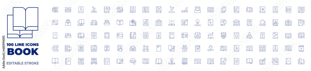 100 icons Book collection. Thin line icon. Editable stroke. Book icons for web and mobile app.